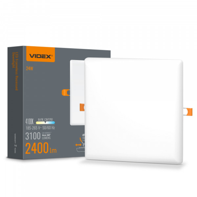 LED світильник безрамковий квадратний VIDEX 24W 4100K