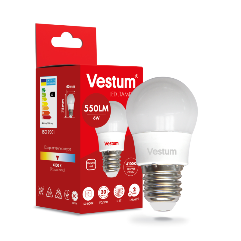 Світлодіодна лампа Vestum G45 6W 4100K 220V E27 1-VS-1201 Світлодіодна лампа Vestum G45 6W 4100K 220V E27 1-VS-1201