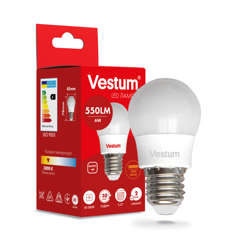 Світлодіодна лампа Vestum G45 6W 3000K 220V E27 1-VS-1202 Світлодіодна лампа Vestum G45 6W 3000K 220V E27 1-VS-1202
