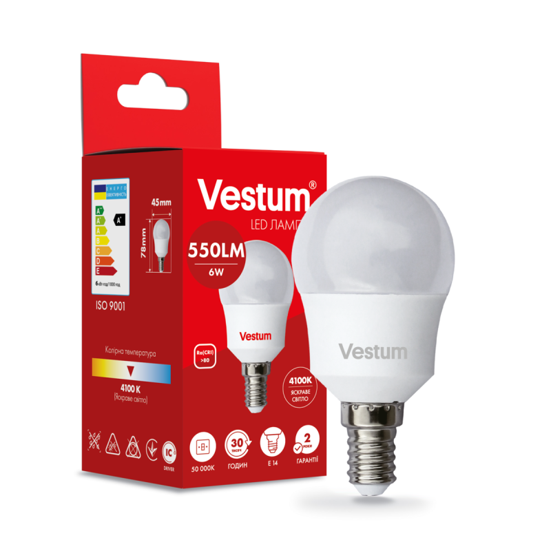 Світлодіодна лампа Vestum G45 6W 4100K 220V E14 1-VS-1203 Світлодіодна лампа Vestum G45 6W 4100K 220V E14 1-VS-1203