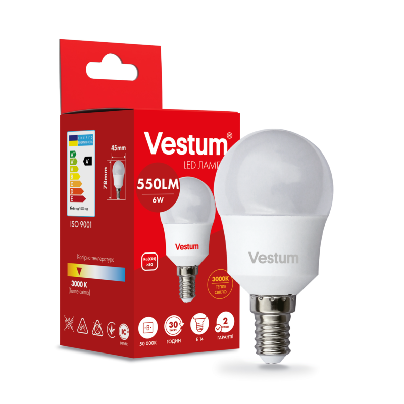 Світлодіодна лампа Vestum G45 6W 3000K 220V E14 1-VS-1204 Світлодіодна лампа Vestum G45 6W 3000K 220V E14 1-VS-1204
