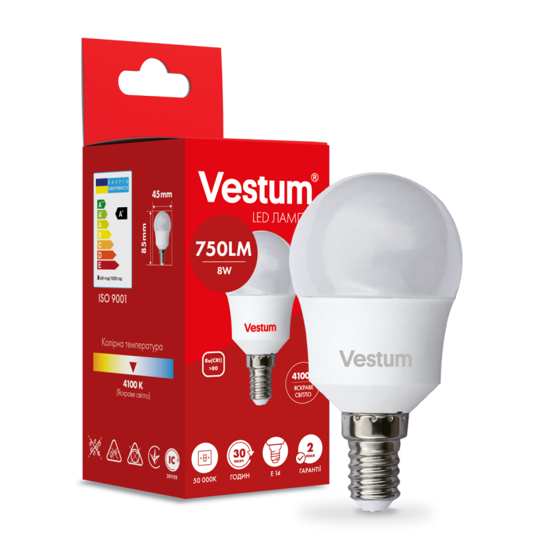 Світлодіодна лампа Vestum G45 8W 4100K 220V E14 1-VS-1211 Світлодіодна лампа Vestum G45 8W 4100K 220V E14 1-VS-1211