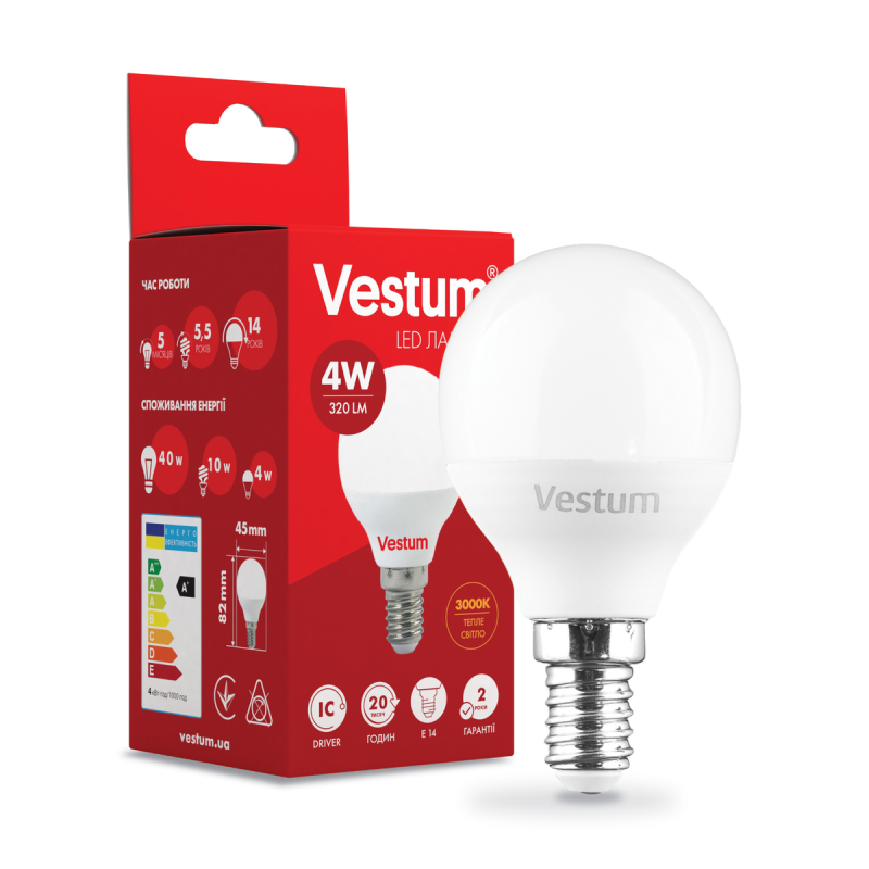 Світлодіодна лампа Vestum G45 4W 3000K 220V E14 1-VS-1208 Світлодіодна лампа Vestum G45 4W 3000K 220V E14 1-VS-1208