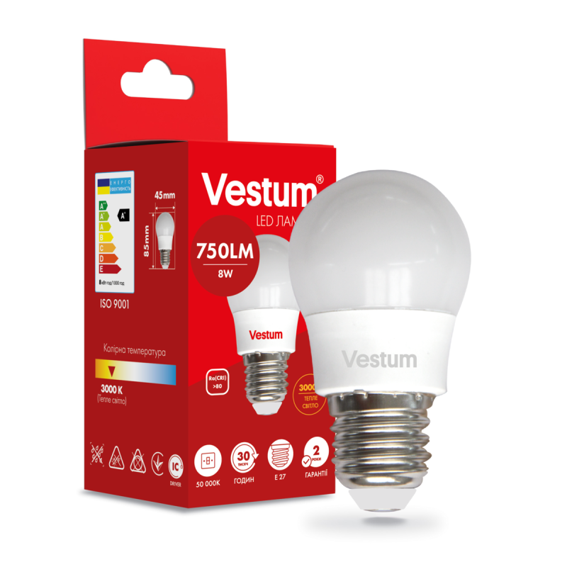 Світлодіодна лампа Vestum G45 8W 3000K 220V E27 1-VS-1210 Світлодіодна лампа Vestum G45 8W 3000K 220V E27 1-VS-1210