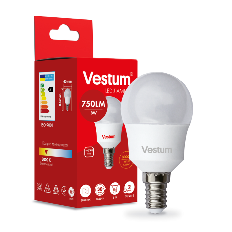 Світлодіодна лампа Vestum G45 8W 3000K 220V E14 1-VS-1212 Світлодіодна лампа Vestum G45 8W 3000K 220V E14 1-VS-1212