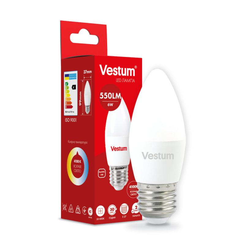 Світлодіодна лампа Vestum C37 6W 4100K 220V E27 1-VS-1301 Світлодіодна лампа Vestum C37 6W 4100K 220V E27 1-VS-1301
