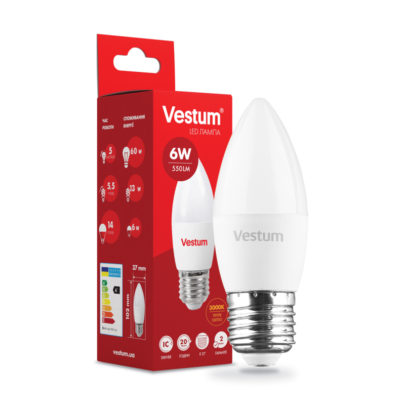 Світлодіодна лампа Vestum C37 6W 3000K 220V E27 1-VS-1302 Світлодіодна лампа Vestum C37 6W 3000K 220V E27 1-VS-1302