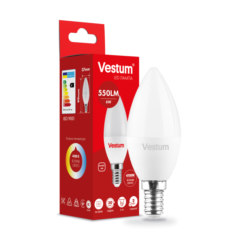 Світлодіодна лампа Vestum C37 6W 4100K 220V E14 1-VS-1303 Світлодіодна лампа Vestum C37 6W 4100K 220V E14 1-VS-1303