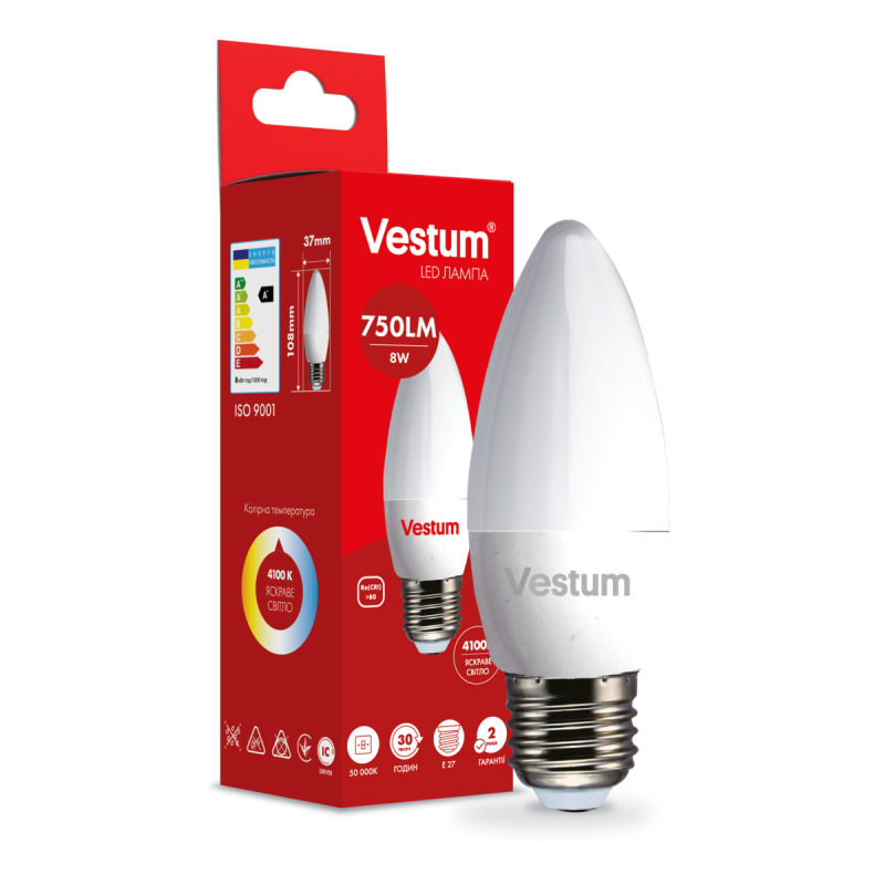 Світлодіодна лампа Vestum C37 8W 4100K 220V E27 1-VS-1309 Світлодіодна лампа Vestum C37 8W 4100K 220V E27 1-VS-1309