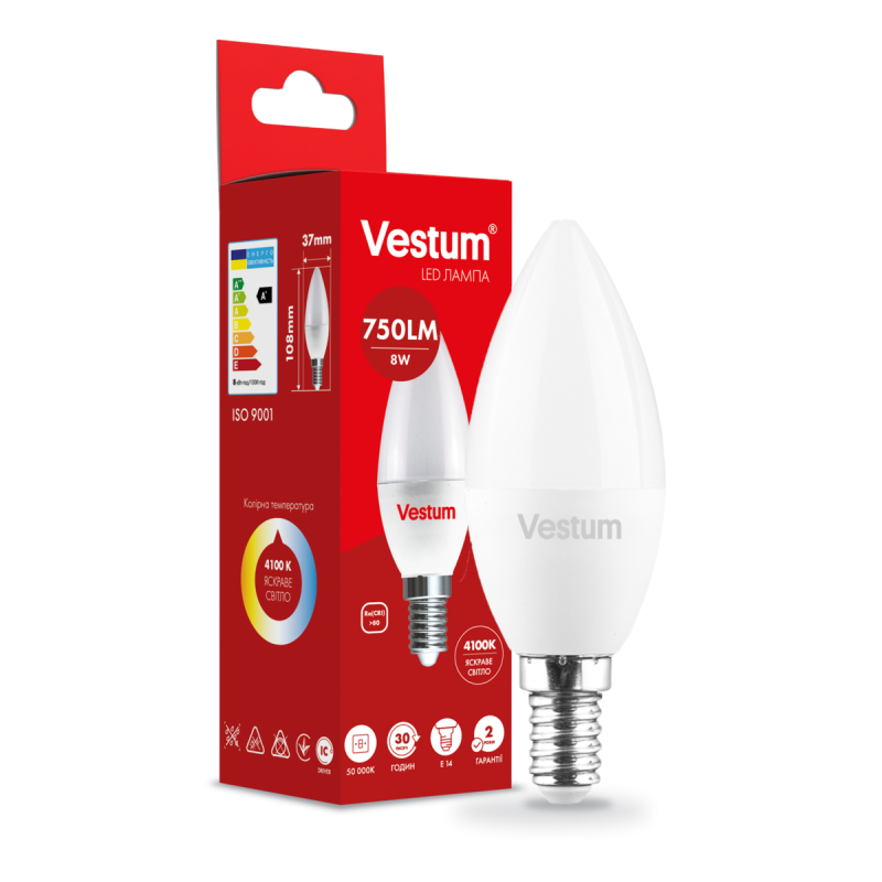 Світлодіодна лампа Vestum C37 8W 4100K 220V E14 1-VS-1311 Світлодіодна лампа Vestum C37 8W 4100K 220V E14 1-VS-1311
