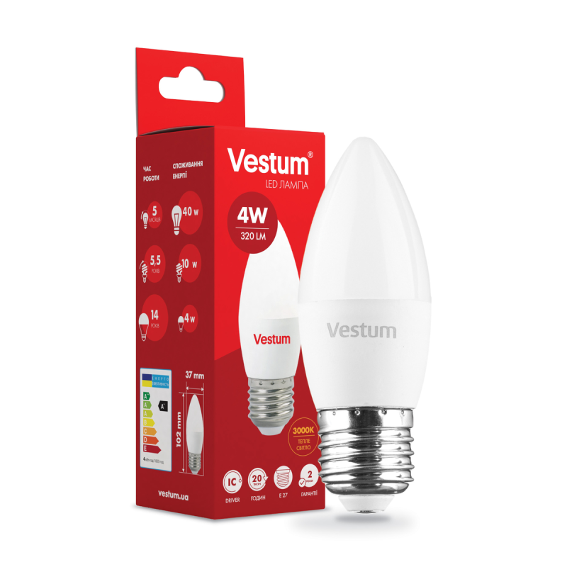 Світлодіодна лампа Vestum C37 4W 3000K 220V E27 1-VS-1306 Світлодіодна лампа Vestum C37 4W 3000K 220V E27 1-VS-1306