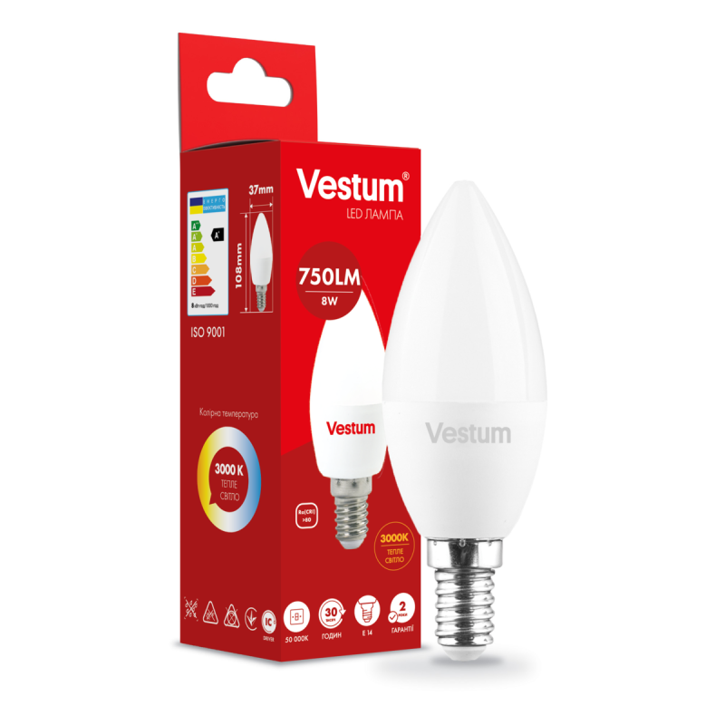 Світлодіодна лампа Vestum C37 8W 3000K 220V E14 1-VS-1312 Світлодіодна лампа Vestum C37 8W 3000K 220V E14 1-VS-1312