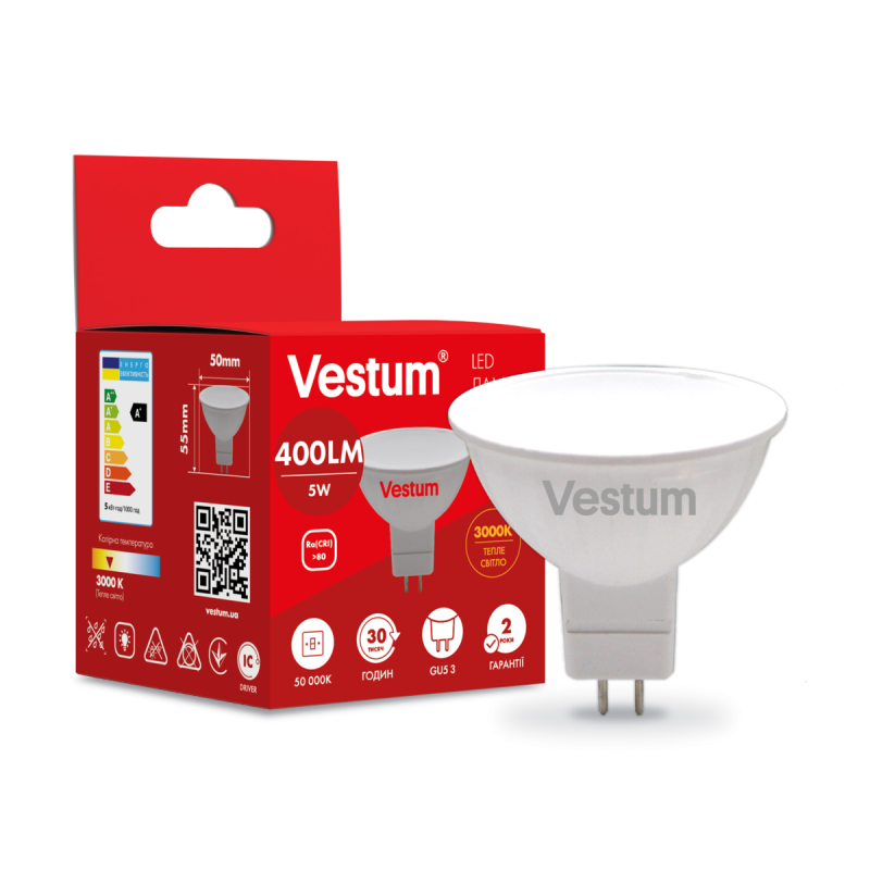 Світлодіодна лампа Vestum MR16 5W 3000K 220V GU5.3 1-VS-1504 Світлодіодна лампа Vestum MR16 5W 3000K 220V GU5.3 1-VS-1504