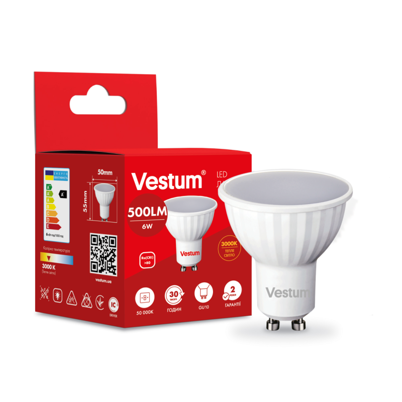 Світлодіодна лампа Vestum MR16 6W 3000K 220V GU10 1-VS-1505 Світлодіодна лампа Vestum MR16 6W 3000K 220V GU10 1-VS-1505