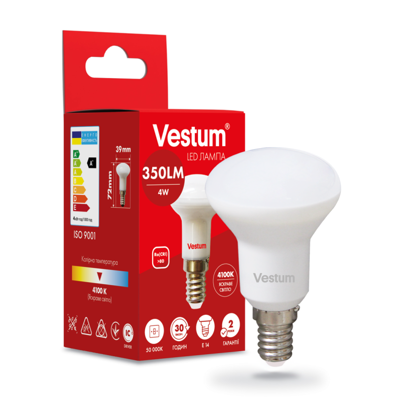 Світлодіодна лампа Vestum R39 4W 4100K 220V E14 1-VS-1401 Світлодіодна лампа Vestum R39 4W 4100K 220V E14 1-VS-1401