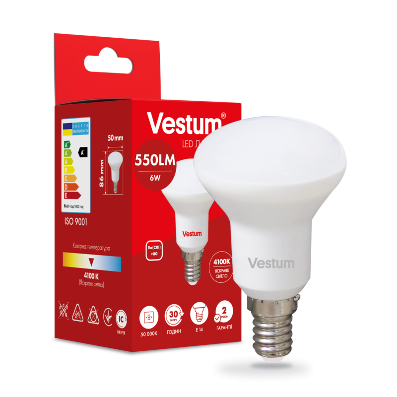 Світлодіодна лампа Vestum R50 6W 4100K 220V E14 1-VS-1402 Світлодіодна лампа Vestum R50 6W 4100K 220V E14 1-VS-1402