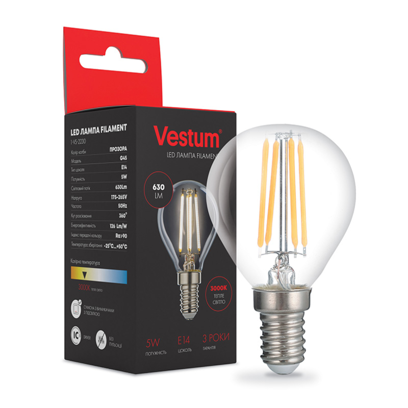 Світлодіодна філаментна лампа Vestum G45 Е14 5Вт 220V 3000К 1-VS-2230 Світлодіодна філаментна лампа Vestum G45 Е14 5Вт 220V 3000К 1-VS-2230