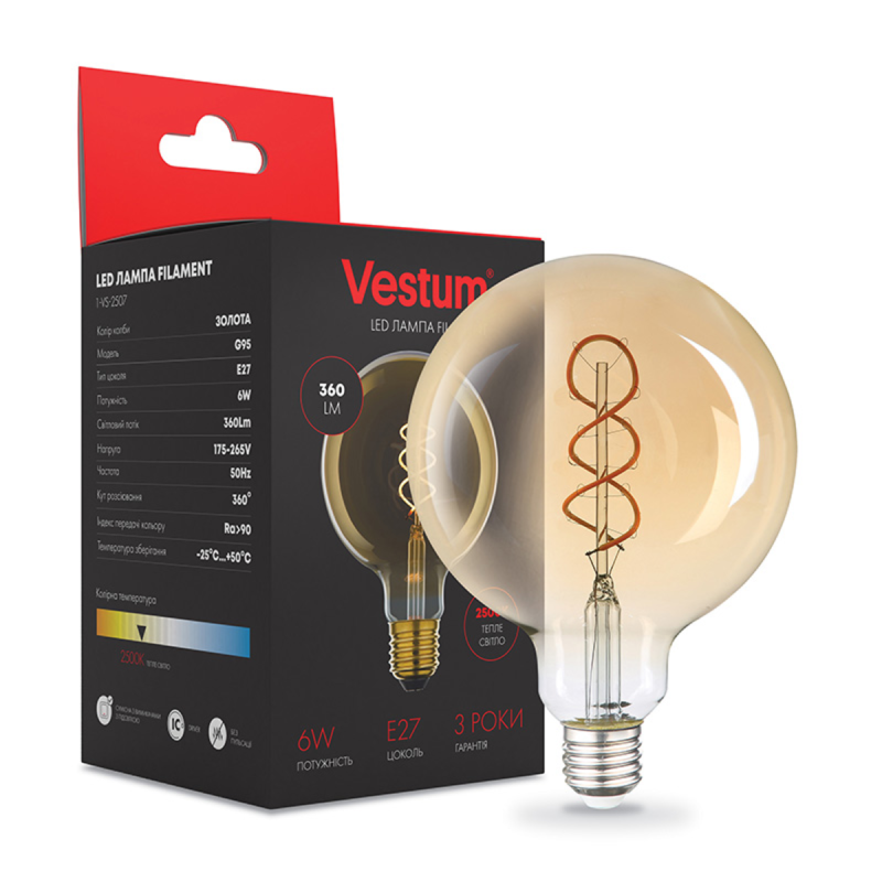 Філаментна лампа Vestum “вінтаж“ golden twist G95 Е27 6Вт 220V 2500К 1-VS-2507