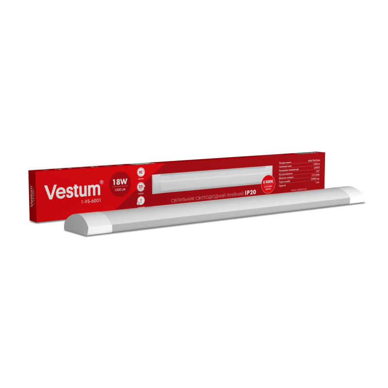 Світлодіодний лінійний світильник Vestum 0,6м 18W 6500K 220V IP20 1-VS-6001
