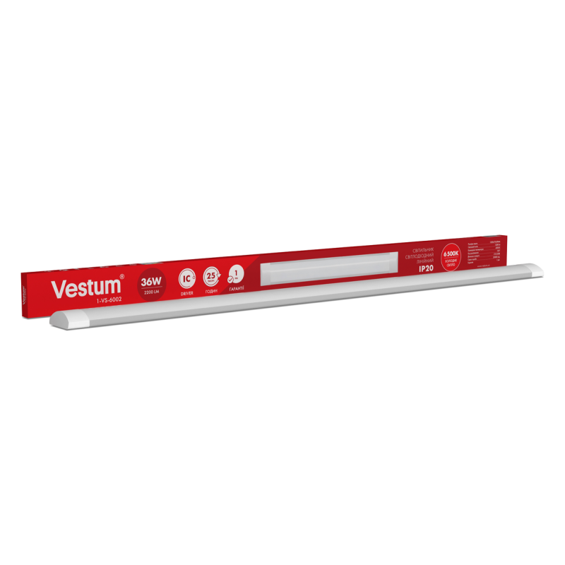 Світлодіодний лінійний світильник Vestum 1,2м 36W 6500K 220V IP20 Vestum 1-VS-6002