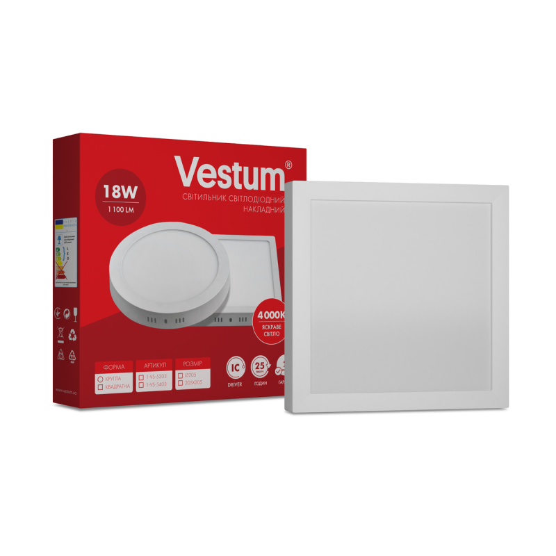 Квадратний світлодіодний накладний світильник Vestum 18W 4000K 220V 1-VS-5403 Квадратний світлодіодний накладний світильник Vestum 18W 4000K 220V 1-VS-5403