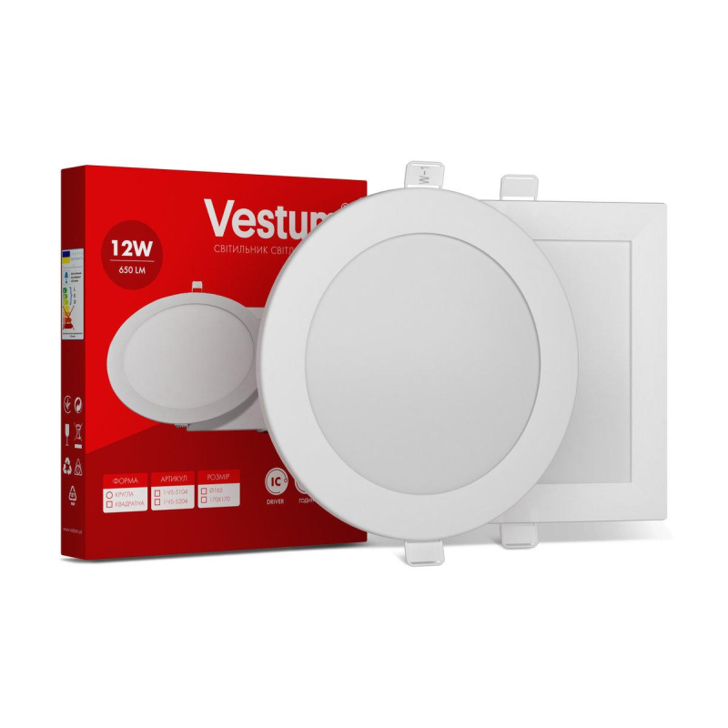 Круглий світлодіодний врізний світильник Vestum 12W 6000K 220V 1-VS-5109