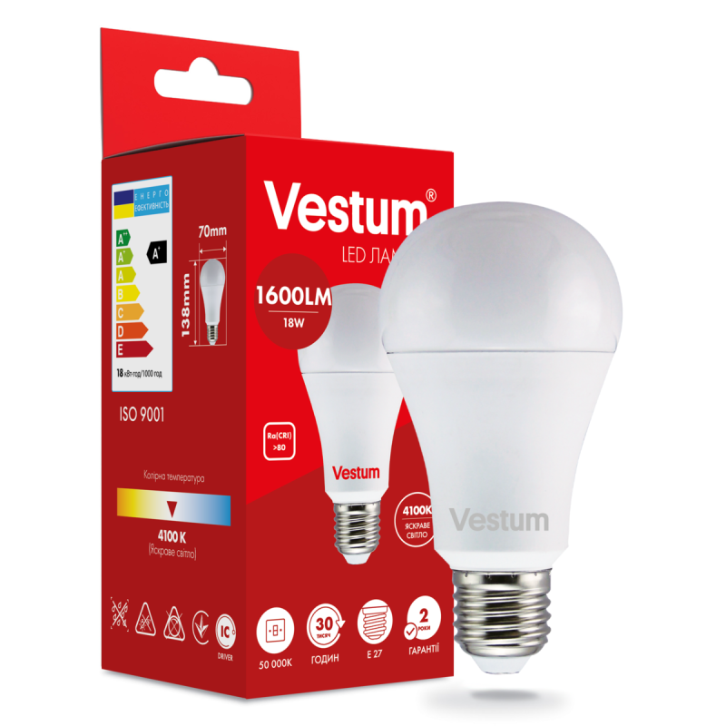 Світлодіодна лампа Vestum A70 18W 4100K 220V E27 1-VS-1111 Світлодіодна лампа Vestum A70 18W 4100K 220V E27 1-VS-1111