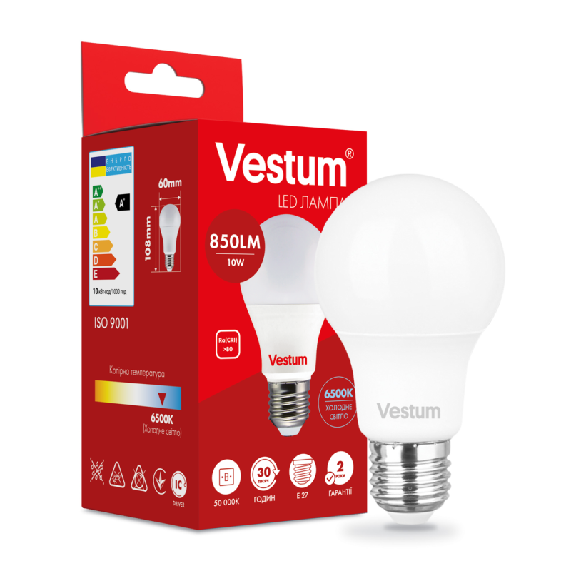 Світлодіодна лампа Vestum A60 10W 6500K 220V E27 1-VS-1114 Світлодіодна лампа Vestum A60 10W 6500K 220V E27 1-VS-1114