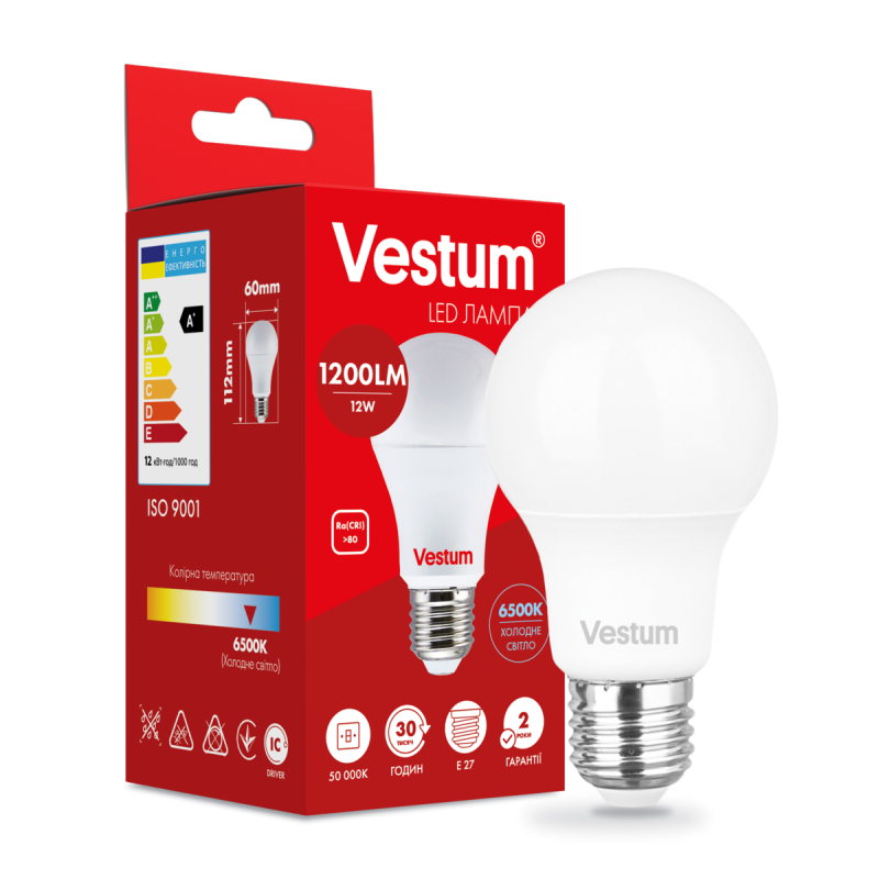 Світлодіодна лампа Vestum A60 12W 6500K 220V E27 1-VS-1115 Світлодіодна лампа Vestum A60 12W 6500K 220V E27 1-VS-1115