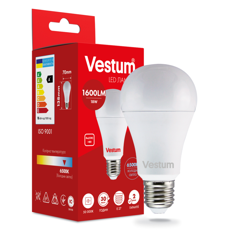 Світлодіодна лампа Vestum A70 18W 6500K 220V E27 1-VS-1113 Світлодіодна лампа Vestum A70 18W 6500K 220V E27 1-VS-1113