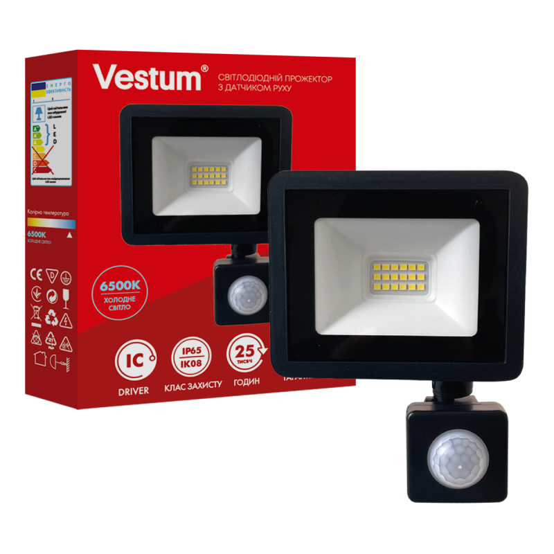 Світлодіодний прожектор з датчиком руху Vestum 20W 1600Лм 6500K 180-260V IP65 1-VS-3020