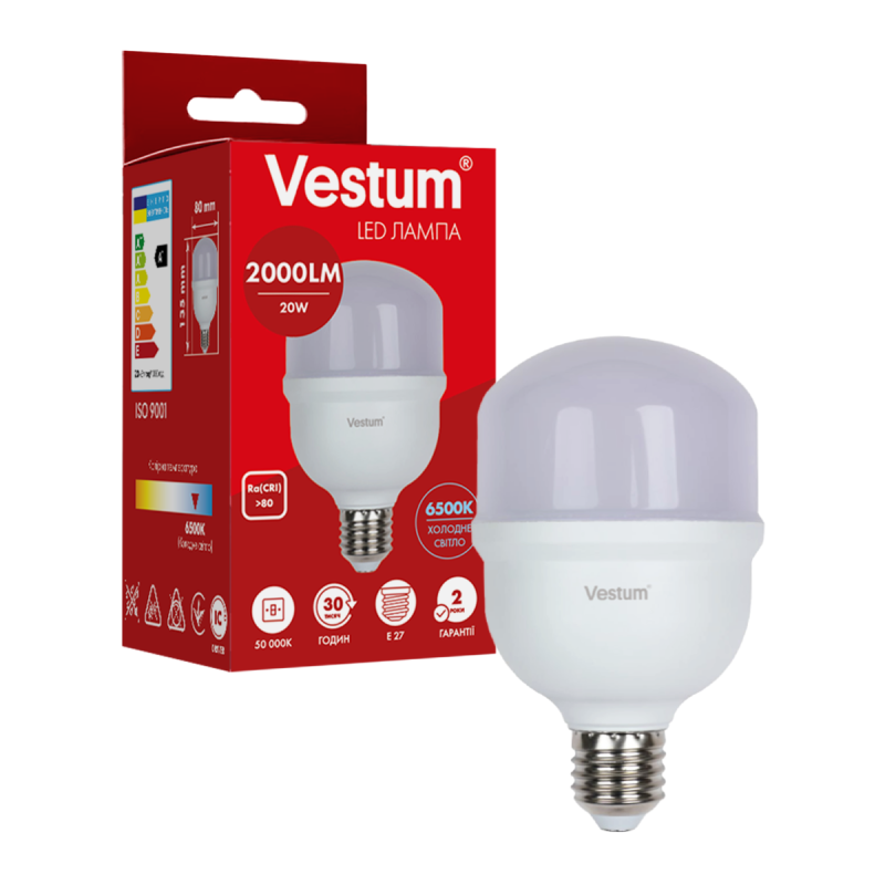 Світлодіодна високопотужна лампа Vestum T80 20W 6500K 220V E27 1-VS-1607 Світлодіодна високопотужна лампа Vestum T80 20W 6500K 220V E27 1-VS-1607
