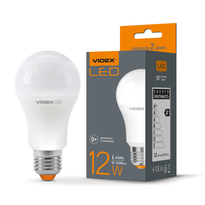 “Сенсор“ LED лампа VIDEX A60e 12W E27 4100K з датчиком руху та освітленості