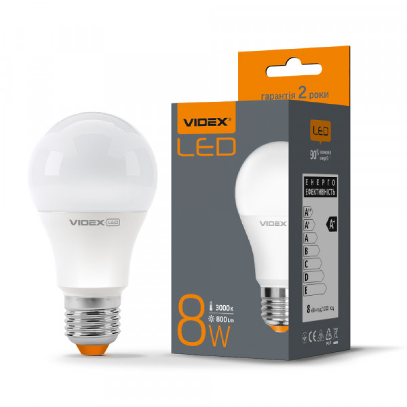 LED лампа VIDEX  A60e 8W E27 3000K