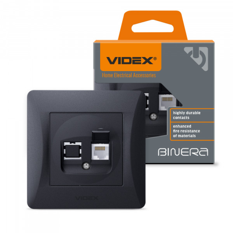 Розетка CAT6 одинарна комп“ютерна чорний графіт VIDEX BINERA