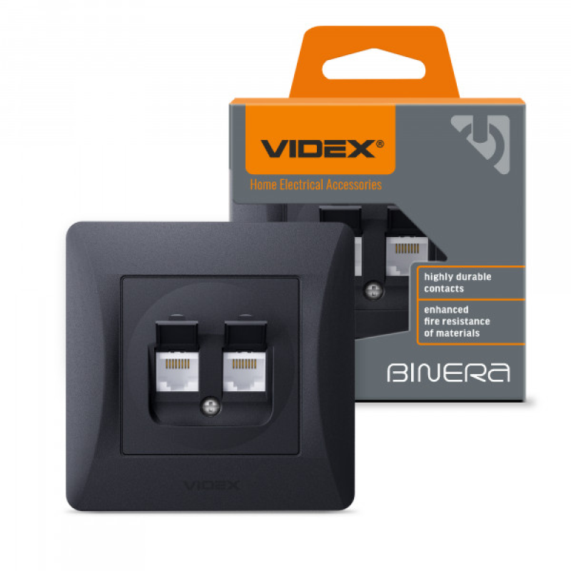 Розетка CAT6+CAT6 комп“ютерна подвійна чорний графіт VIDEX BINERA
