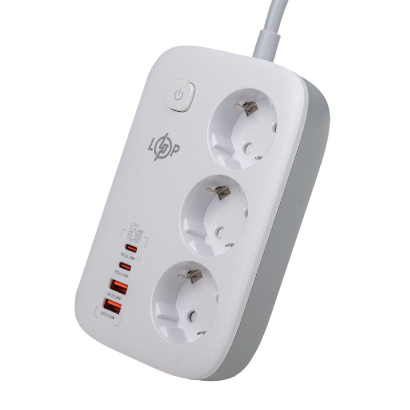 Мережевий фільтр (подовжувач) LP F65WG4 (3x230V-3520W, 2xUSB-60W, 2xType-C 65W QC/PD)