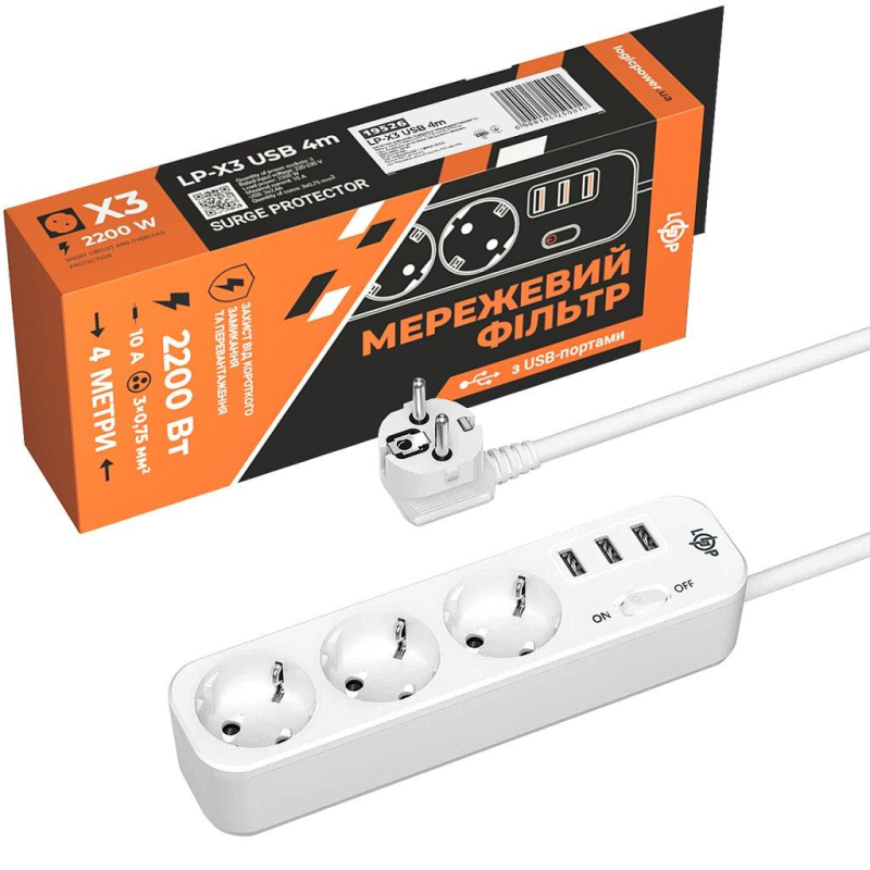 Мережевий фільтр PREMIUM LP-X3 USB 4 м White (2200 Вт) Мережевий фільтр PREMIUM LP-X3 USB 4 м White (2200 Вт)