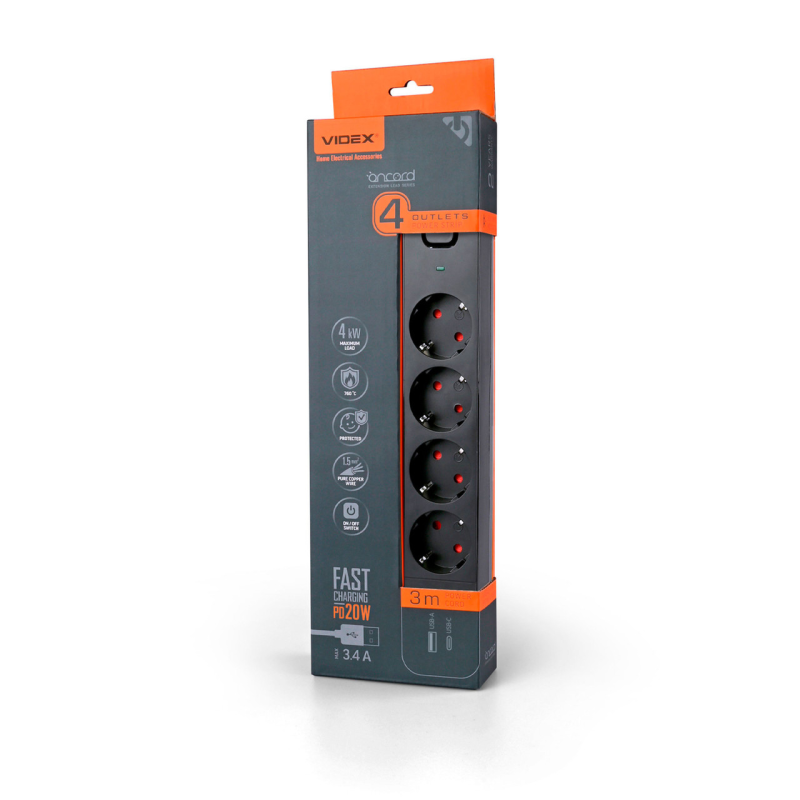 Мережевий подовжувач VIDEX ONCORD з/з 4п 3м (3x1.5мм) 3.4А USB(QC3.0) +USB-C(PD20W) з кнопкою Black