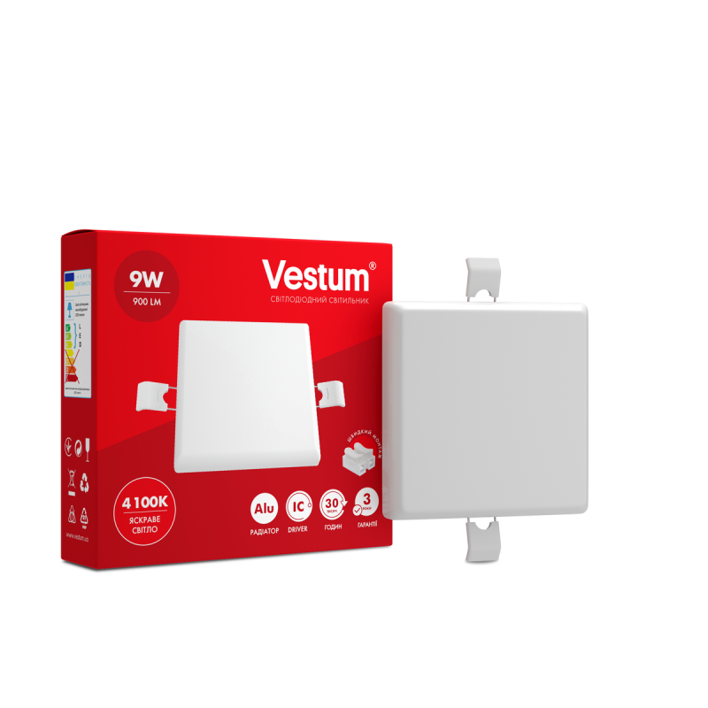 Акцiя! Квадратний світлодіодний врізний світильник “без рамки“ Vestum 9W 4100K 1-VS-5602