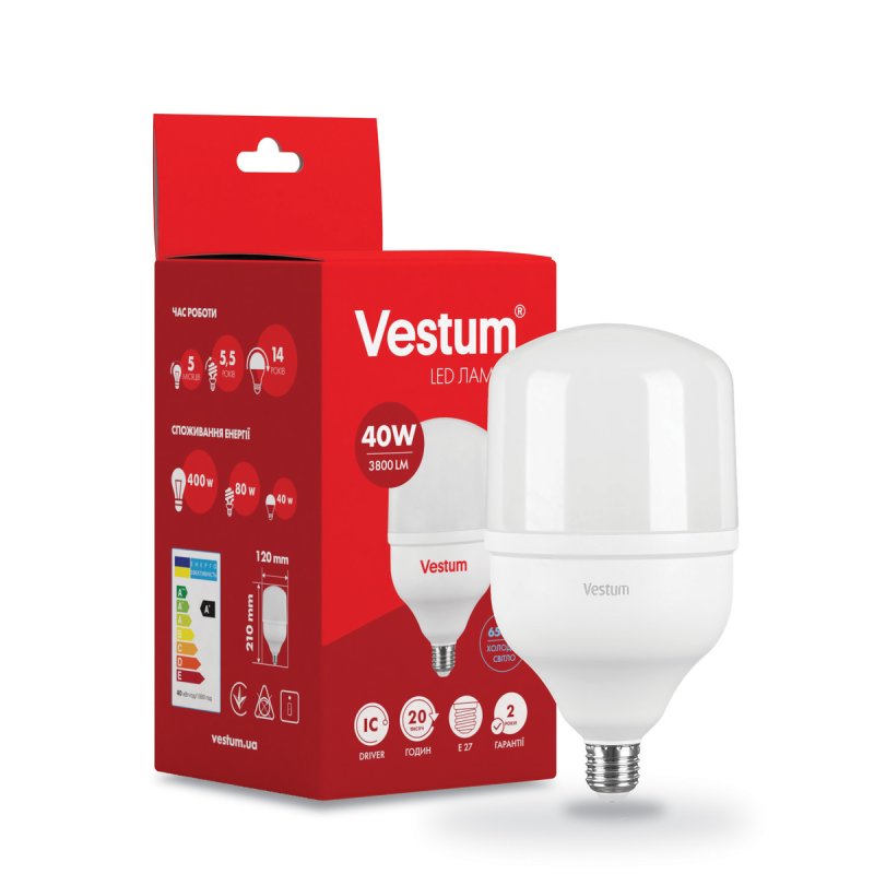 Світлодіодна високопотужна лампа Vestum T125 40W 6500K 220V E27 1-VS-1603 Світлодіодна високопотужна лампа Vestum T125 40W 6500K 220V E27 1-VS-1603