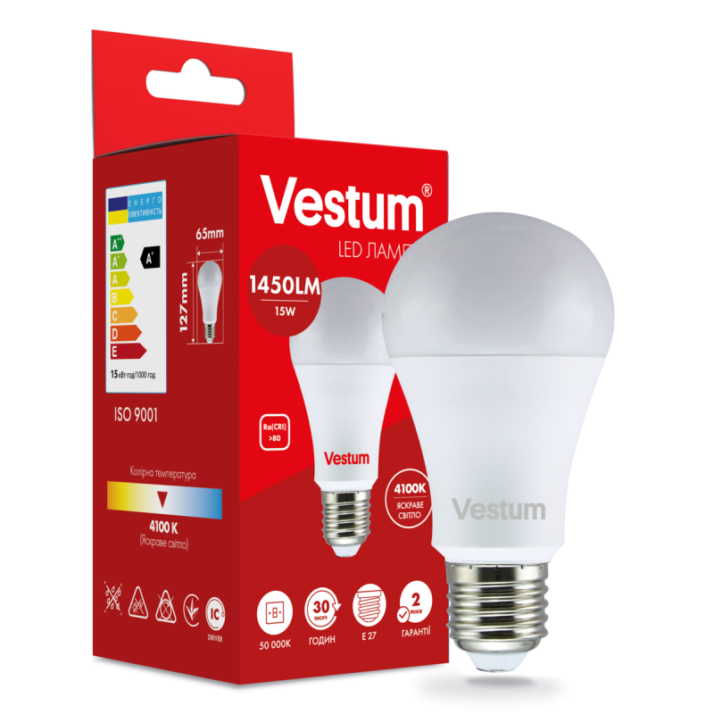 Світлодіодна лампа Vestum A65 15W 4100K 220V E27 1-VS-1101 Світлодіодна лампа Vestum A65 15W 4100K 220V E27 1-VS-1101