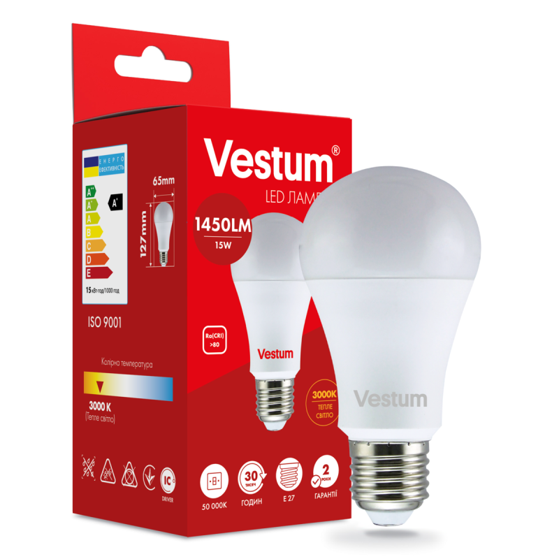 Світлодіодна лампа Vestum A65 15W 3000K 220V E27 1-VS-1102 Світлодіодна лампа Vestum A65 15W 3000K 220V E27 1-VS-1102