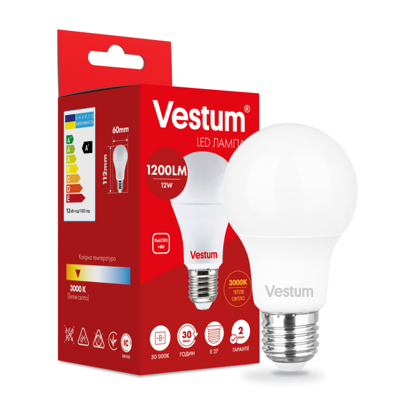 Світлодіодна лампа Vestum A60 12W 3000K 220V E27 1-VS-1104 Світлодіодна лампа Vestum A60 12W 3000K 220V E27 1-VS-1104
