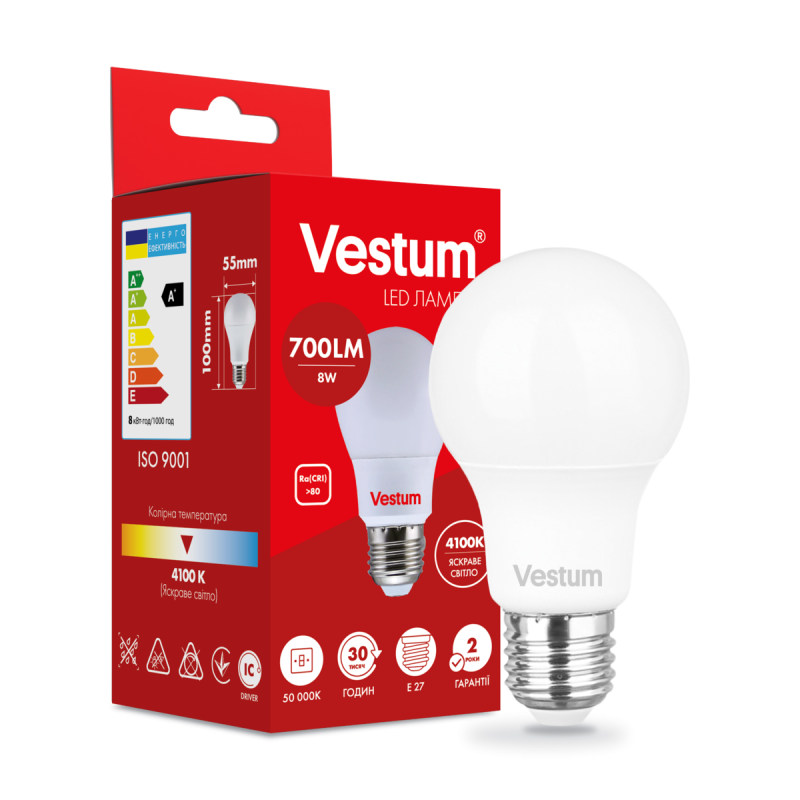 Світлодіодна лампа Vestum A55 8W 4100K 220V E27 1-VS-1107 Світлодіодна лампа Vestum A55 8W 4100K 220V E27 1-VS-1107